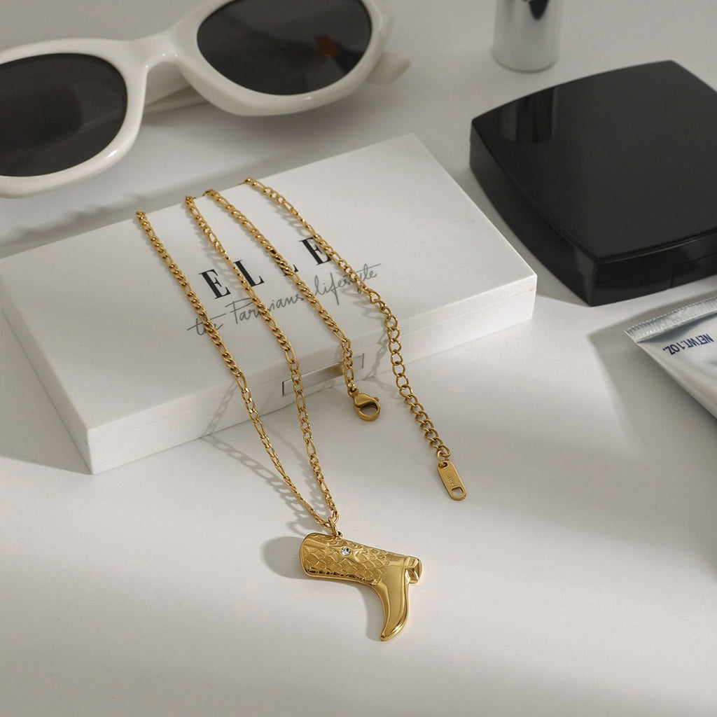 18K gold boots inlaid with gemstones and textured design trendy and unique necklace Vera Lux