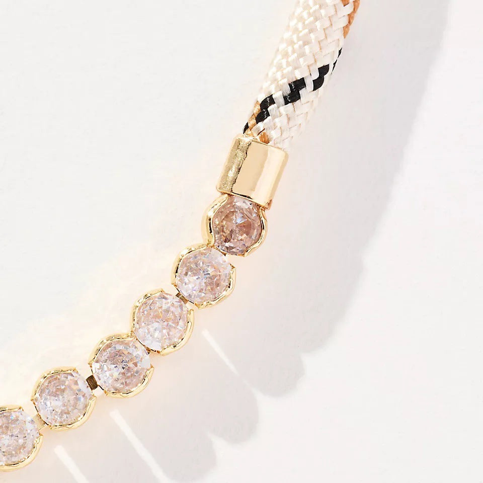 Off-white Brown-striped Woven Necklace With Diamond-encrusted Gold Chain Vera Lux