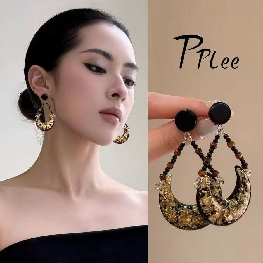 Retro Black & Gold Moon Beaded Stud Earrings, Hong Kong Style Niche High-end Jewelry Vera Lux
