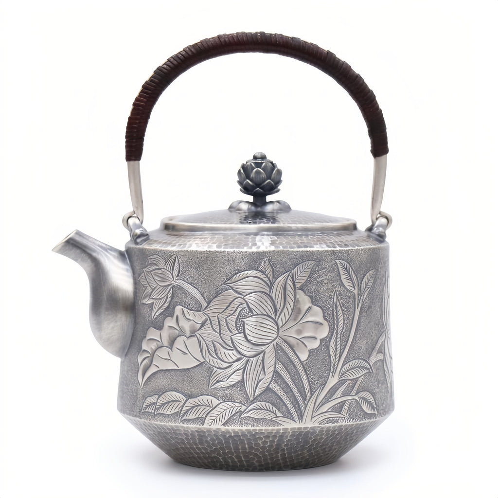 Pure 999 Fine Silver Elegant  Teapot with Handcrafted Floral Engraving, Hammered Texture, and Lotus Lid-Fine Teapot with Handle - Handicraft Vera Lux