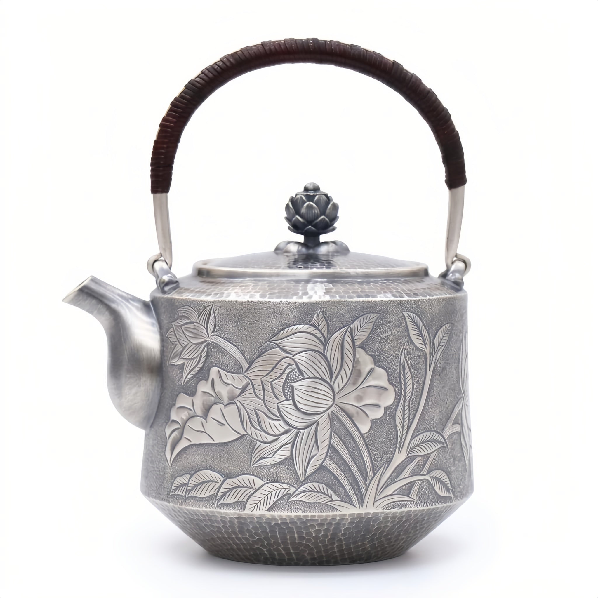 Pure 999 Fine Silver Elegant  Teapot with Handcrafted Floral Engraving, Hammered Texture, and Lotus Lid-Fine Teapot with Handle - Handicraft Vera Lux