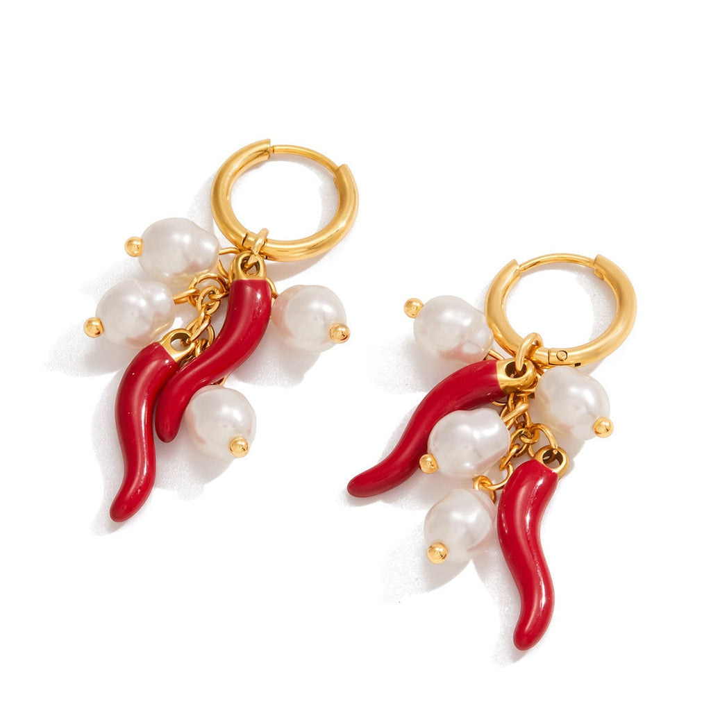 18K gold lightweight luxury and high-end chili pepper and pearl earrings Vera Lux