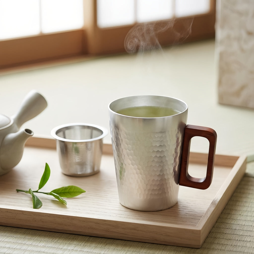 Pure 999 Fine Silver Modern Hammered Metal Coffee Mug with Rectangular Wooden Handle - Handicraft Vera Lux