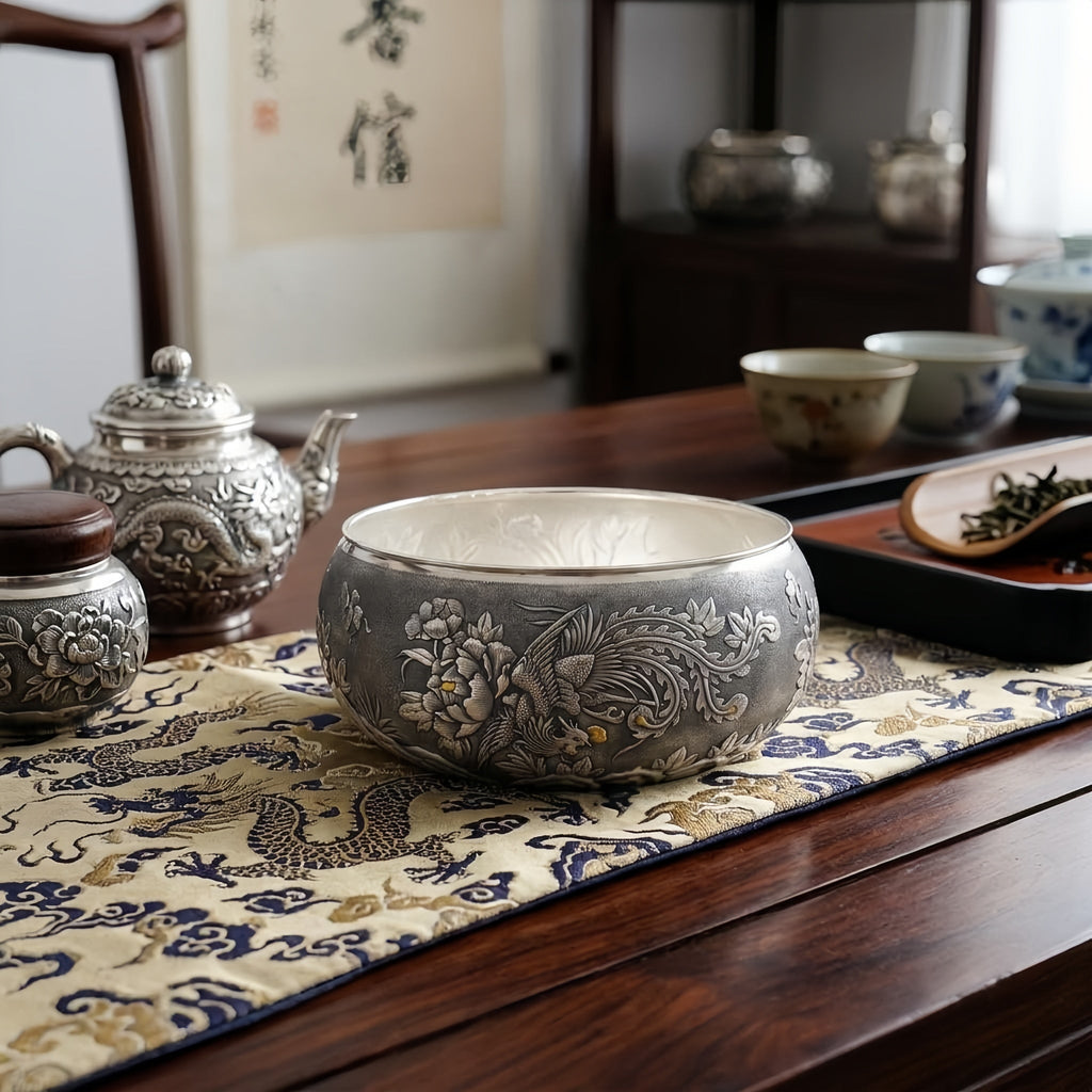 Pure 999 Fine Silver Hand-Engraved Sterling Silver Bowl Featuring Traditional Phoenix and Peony Blossom Motifs - Handicraft Vera Lux