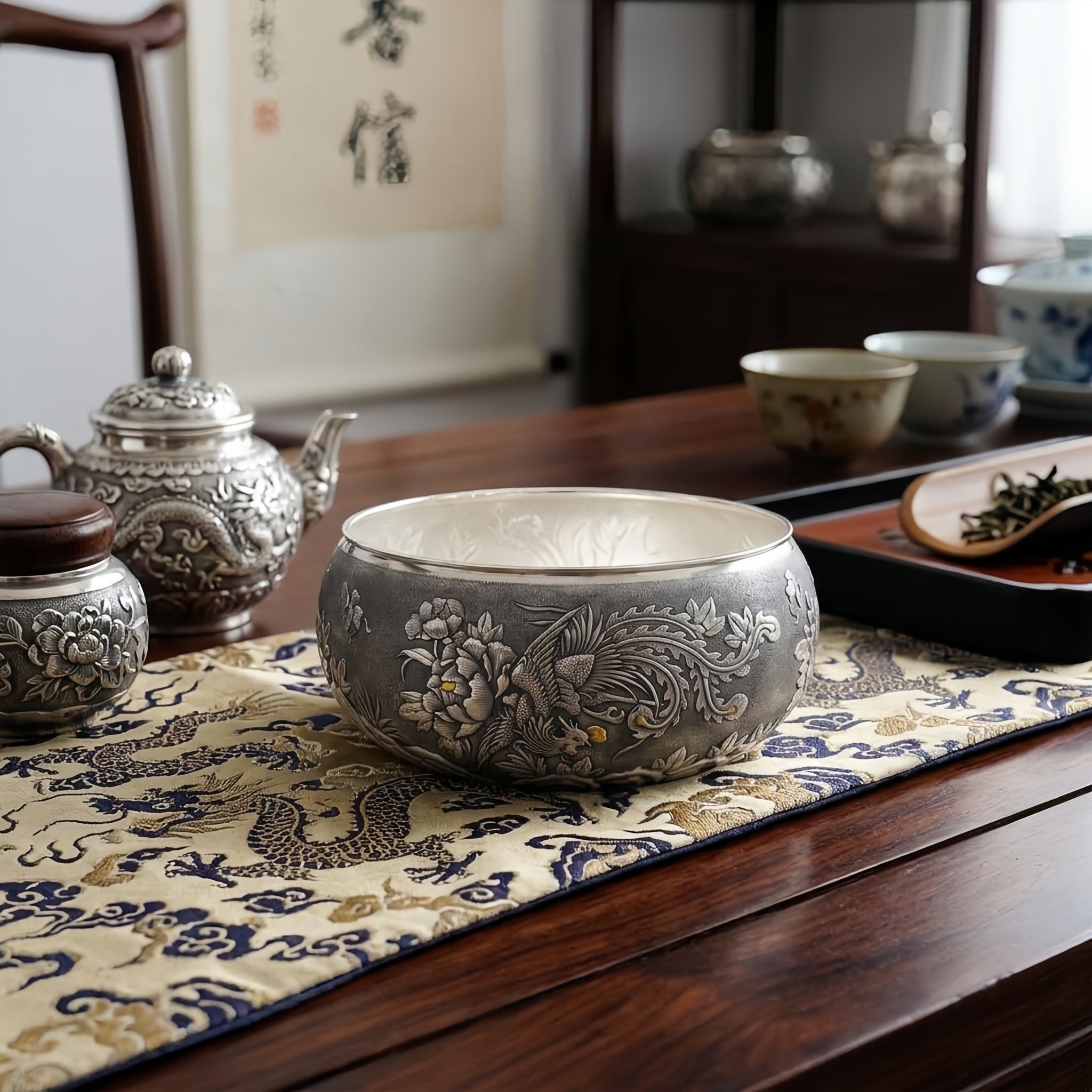 Pure 999 Fine Silver Hand-Engraved Sterling Silver Bowl Featuring Traditional Phoenix and Peony Blossom Motifs - Handicraft Vera Lux