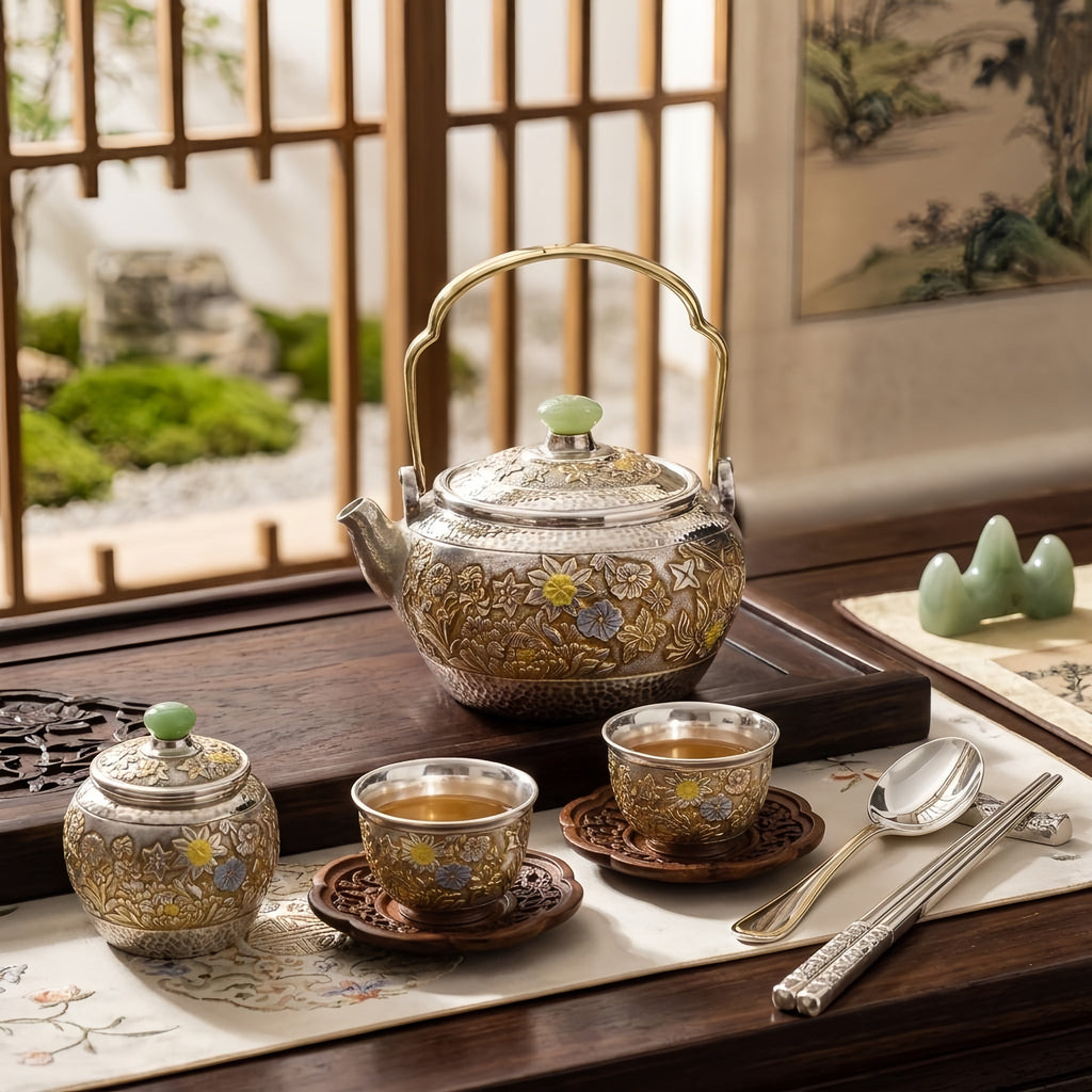 925 Sterling Silver Handcrafted Ornate Metal Teapot Featuring Jade Finial and Intricate Floral Carvings - Handicraft Vera Lux