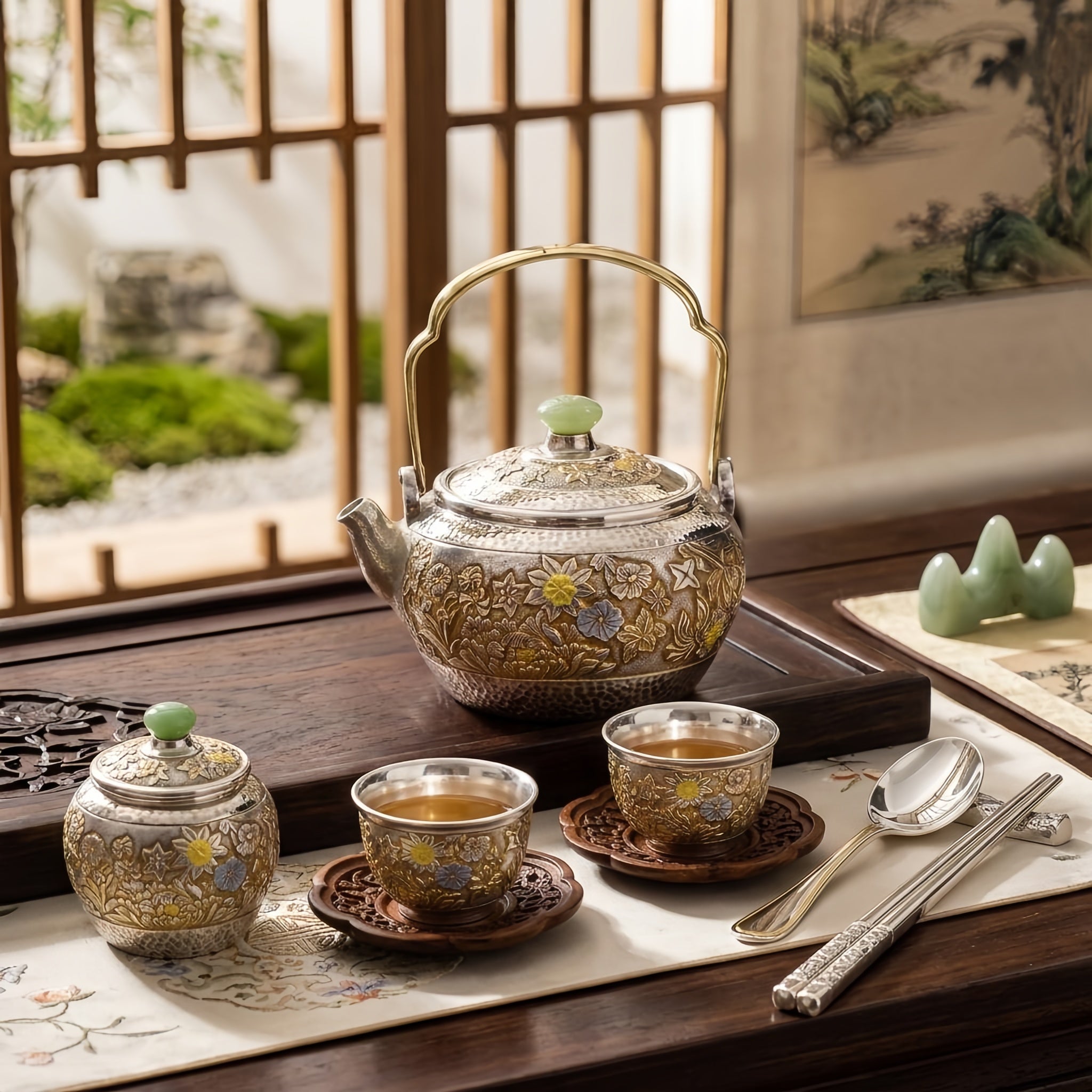 925 Sterling Silver Handcrafted Ornate Metal Teapot Featuring Jade Finial and Intricate Floral Carvings - Handicraft Vera Lux