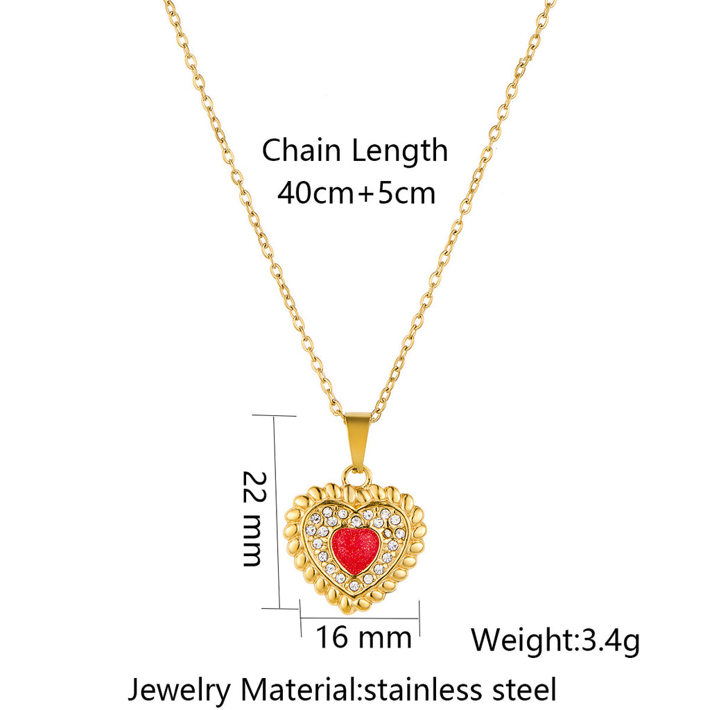 Stainless Steel Heart-shaped Drop-oil Inlaid Rhinestone Pendant Necklace Vera Lux