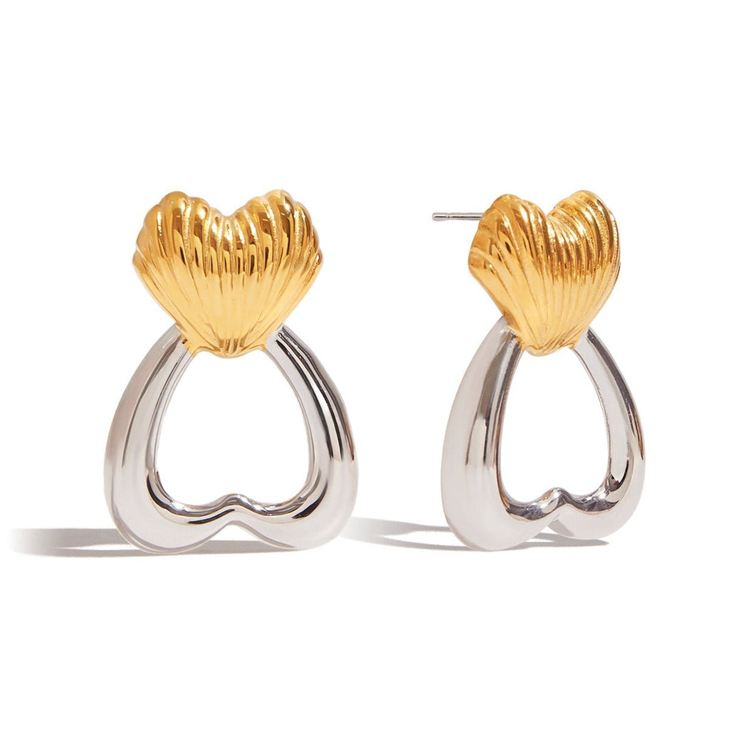 18K gold heart-shaped earrings with gold and silver color matching design, trendy and personalized Vera Lux