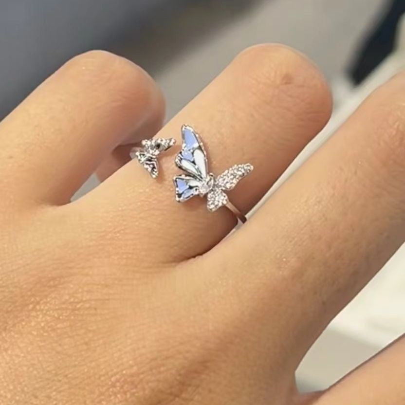 Blue Double Butterfly Open Ring For Women, New Vintage Luxury Delicate Fairy Style Adjustable Index Finger Band Vera Lux