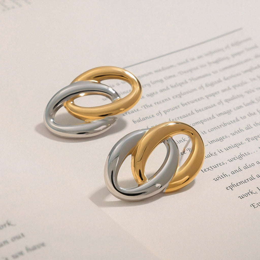 18K gold hollow oval earrings with gold and silver color matching design, simple and elegant Vera Lux