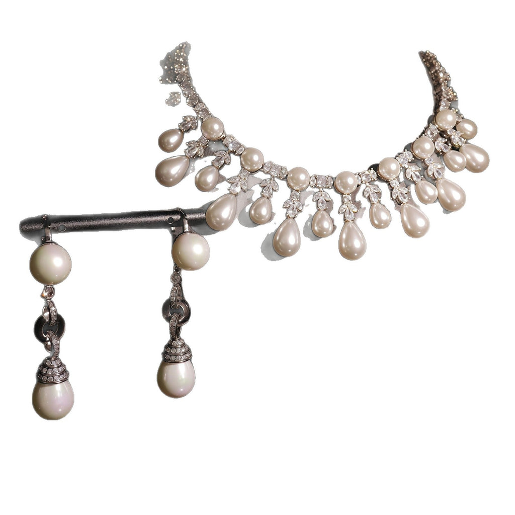 Chic Clavicle-Length Necklace And Gold-Plated Zircon Pearl Earrings Jewelry Set Vera Lux