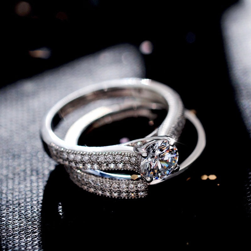 Micro Pave Ring Set With Simulated Heart & Arrow Zirconia, Luxury Proposal Ring For Women Vera Lux