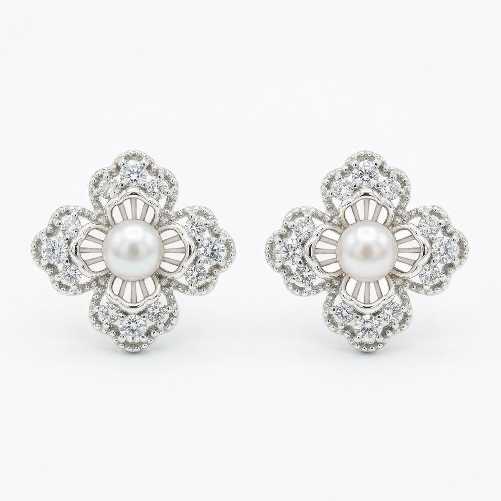 925 Sterling Silver Elegant Floral Pearl and Sparkling Accent Stud Earrings in White Metal Vera Lux