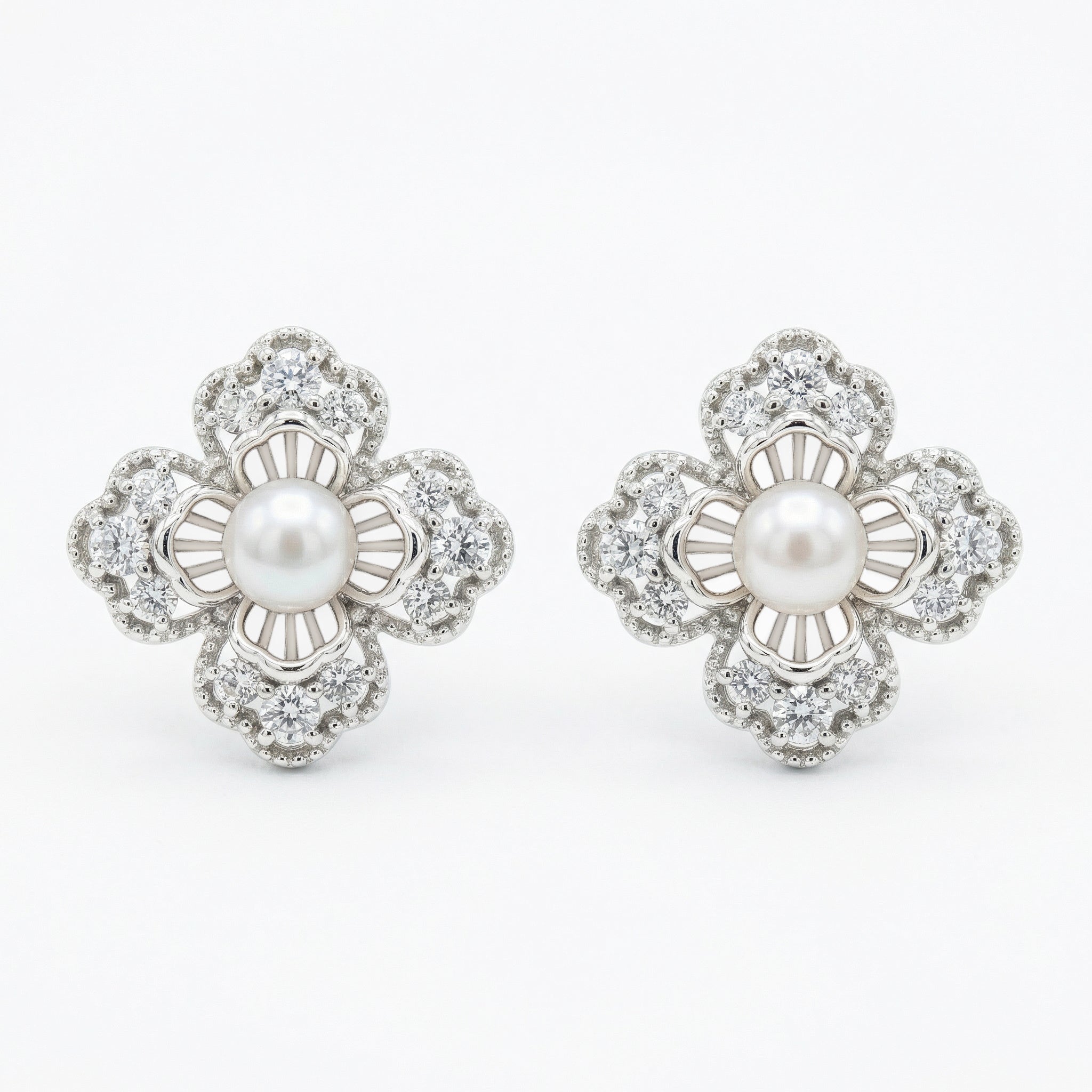 925 Sterling Silver Elegant Floral Pearl and Sparkling Accent Stud Earrings in White Metal Vera Lux