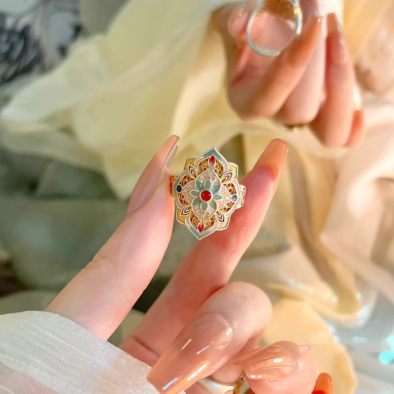 Misty Rain Gold-Embellished Enamel Peony Chinese-Style Hollow Open Ring Vera Lux