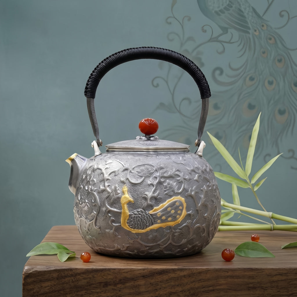 Pure 999 Fine Silver Ornate Handcrafted Silver Teapot Featuring Exquisite Peacock Relief and Crimson Gemstone Finial - Handicraft Vera Lux
