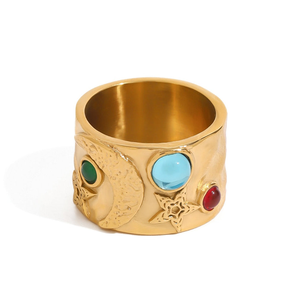 18K gold inlaid gemstone with star and moon texture classic retro ring Vera Lux