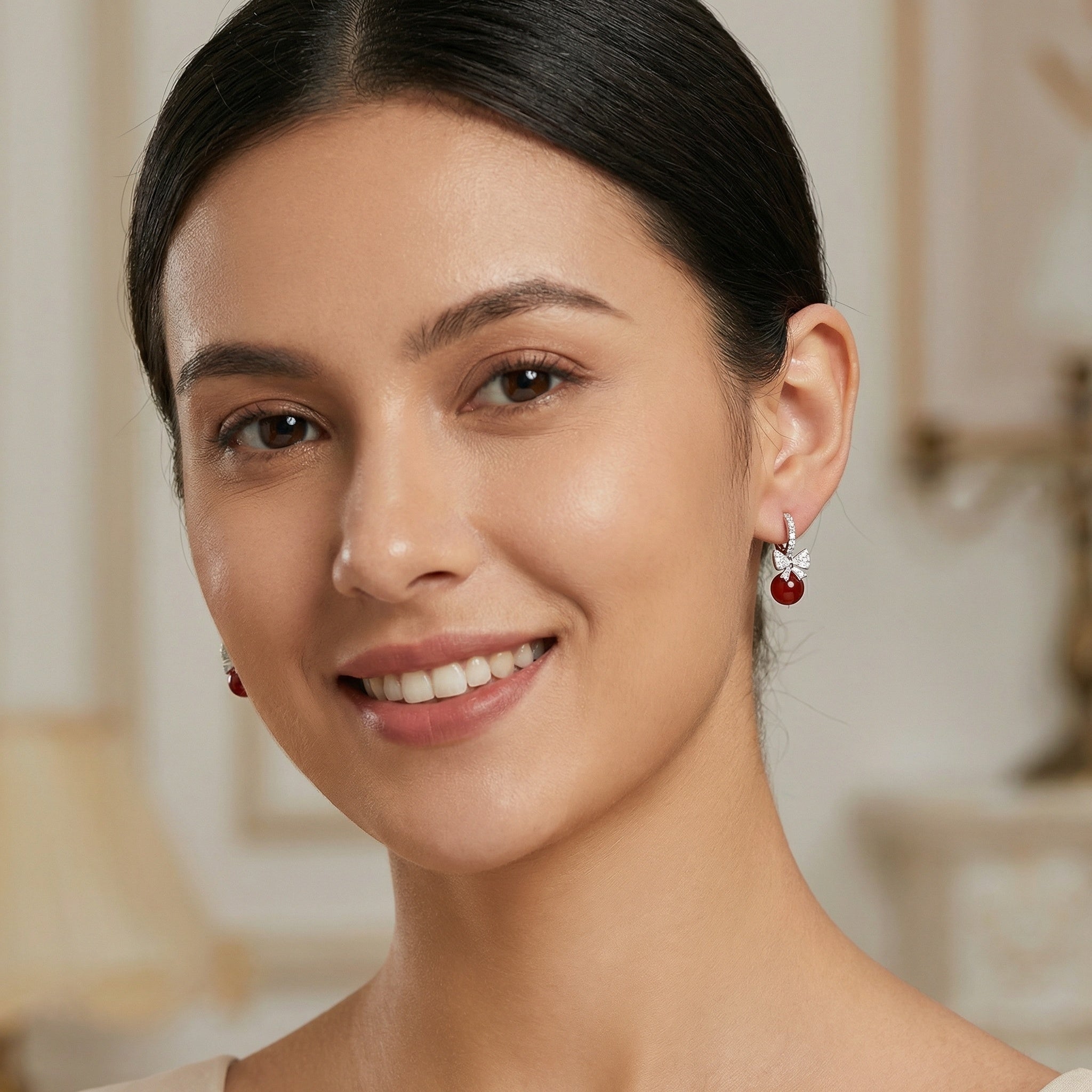925 Sterling Silver Elegant Red Agate and Sparkling Crystal Bowknot Drop Hoop Earrings Vera Lux