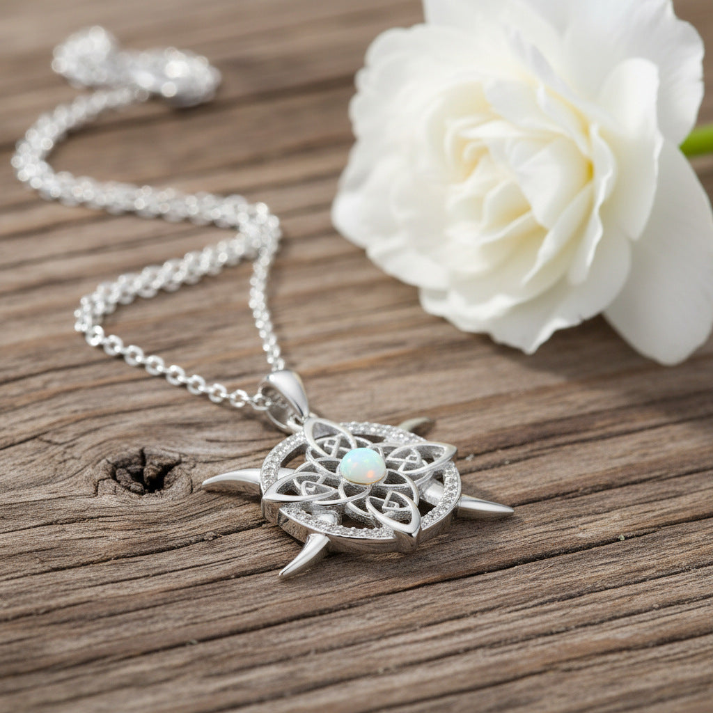 Opal-Encrusted Diamond Celtic Knot Necklace Vera Lux