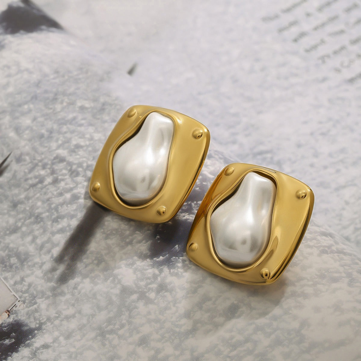 18K gold geometric square inlaid irregular pearls exquisite design dazzling earrings Vera Lux