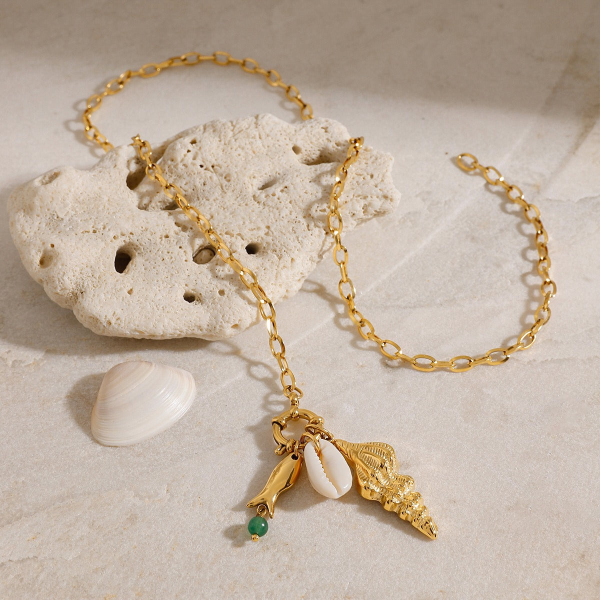 18K Gold Conch Shape Textured Beach Style Necklace Vera Lux