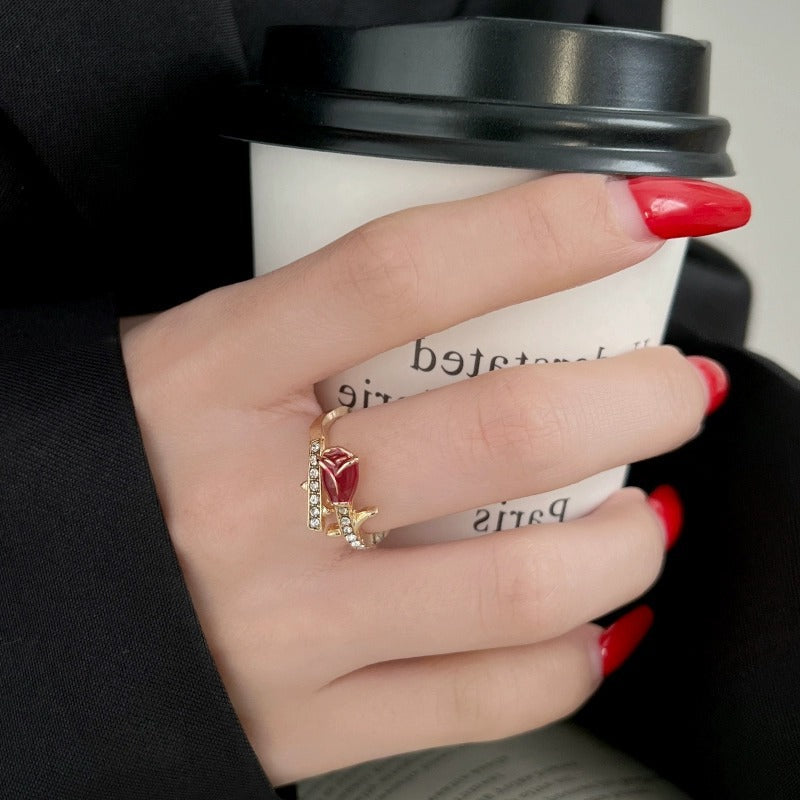 Enamel Red Rose Ring For Women, Light Luxury New Year Index Finger Ring, Open Adjustable Niche Design Delicate Ring Vera Lux