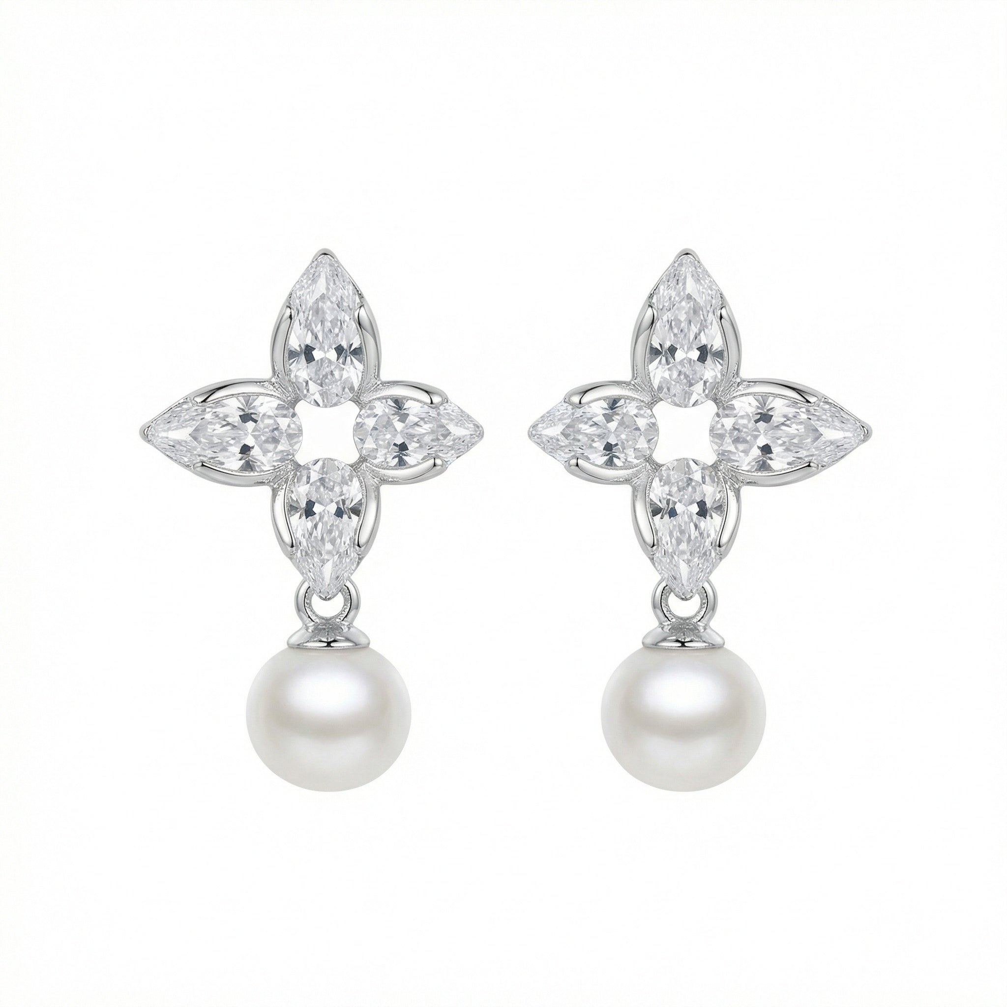 925 Sterling Silver Elegant Floral Marquise Cluster Pearl Drop Earrings Vera Lux