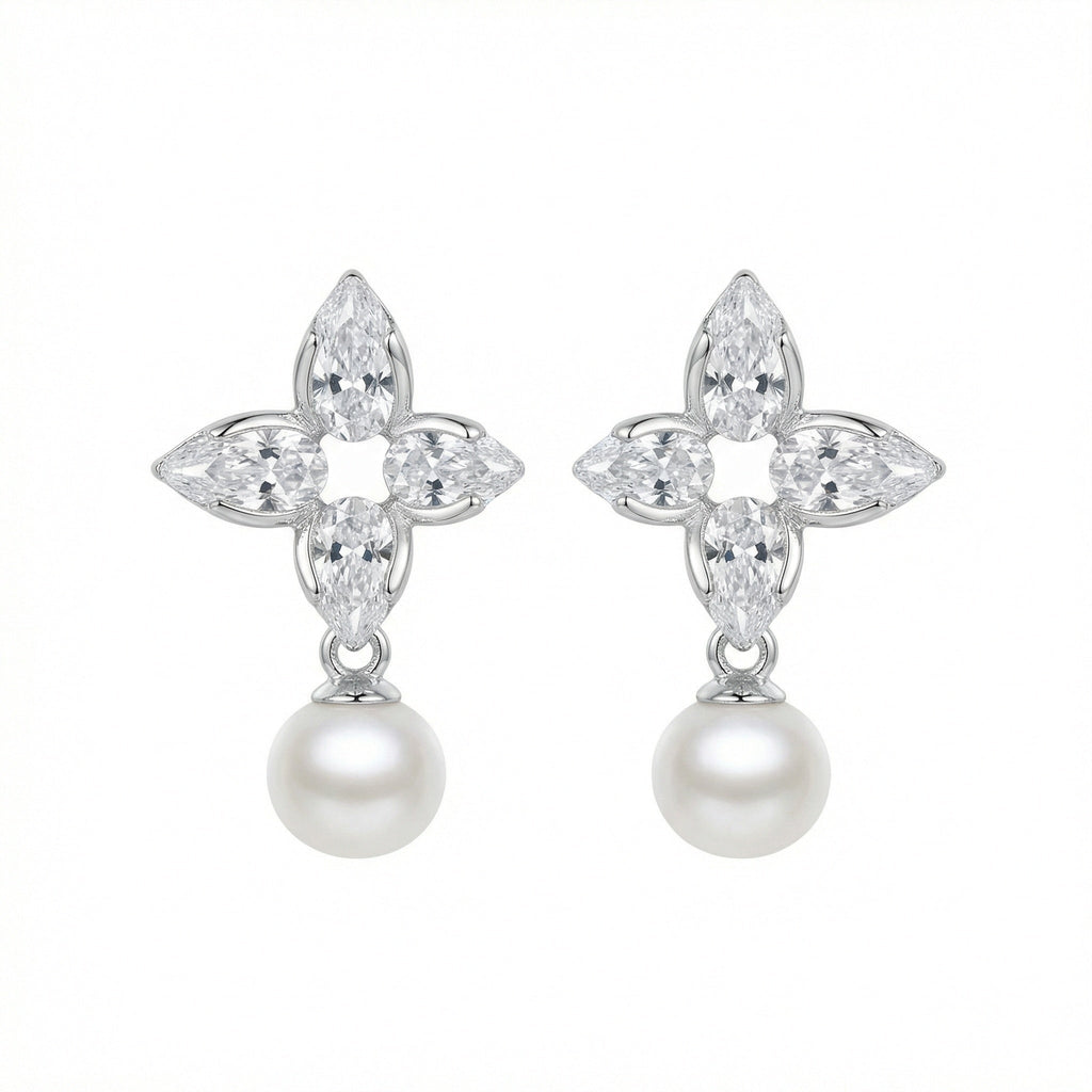 925 Sterling Silver Elegant Floral Marquise Cluster Pearl Drop Earrings Vera Lux