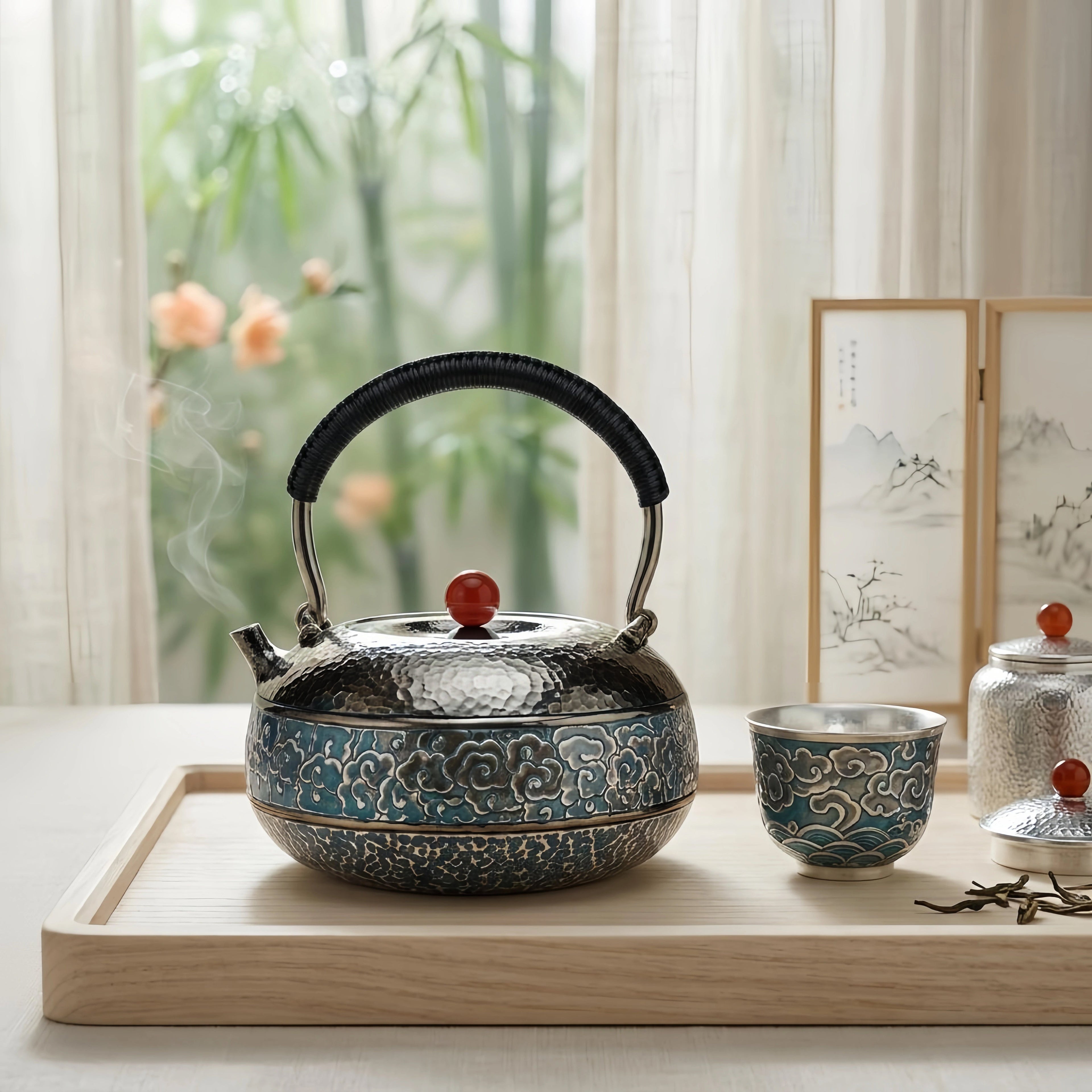 925 Sterling Silver Handcrafted Hammered  Teapot with Blue Cloud Motif-Fine large teapot - Handicraft Vera Lux