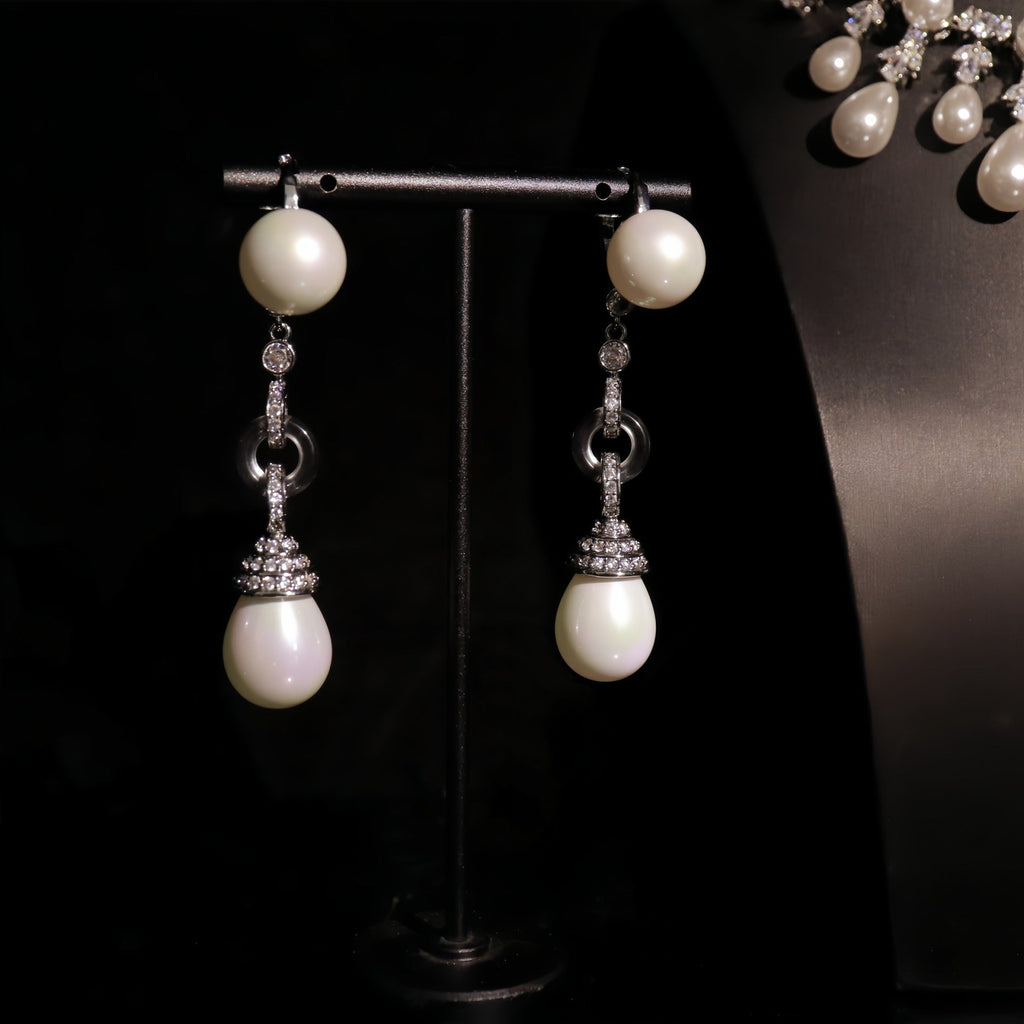 Chic Clavicle-Length Necklace And Gold-Plated Zircon Pearl Earrings Jewelry Set Vera Lux
