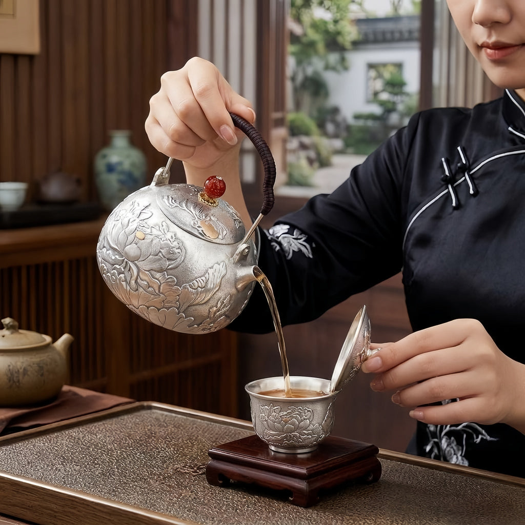 Pure 999 Fine Silver Exquisite Hand-Engraved Silver Teapot with Intricate Lotus Relief and Red Finial - Handicraft Vera Lux