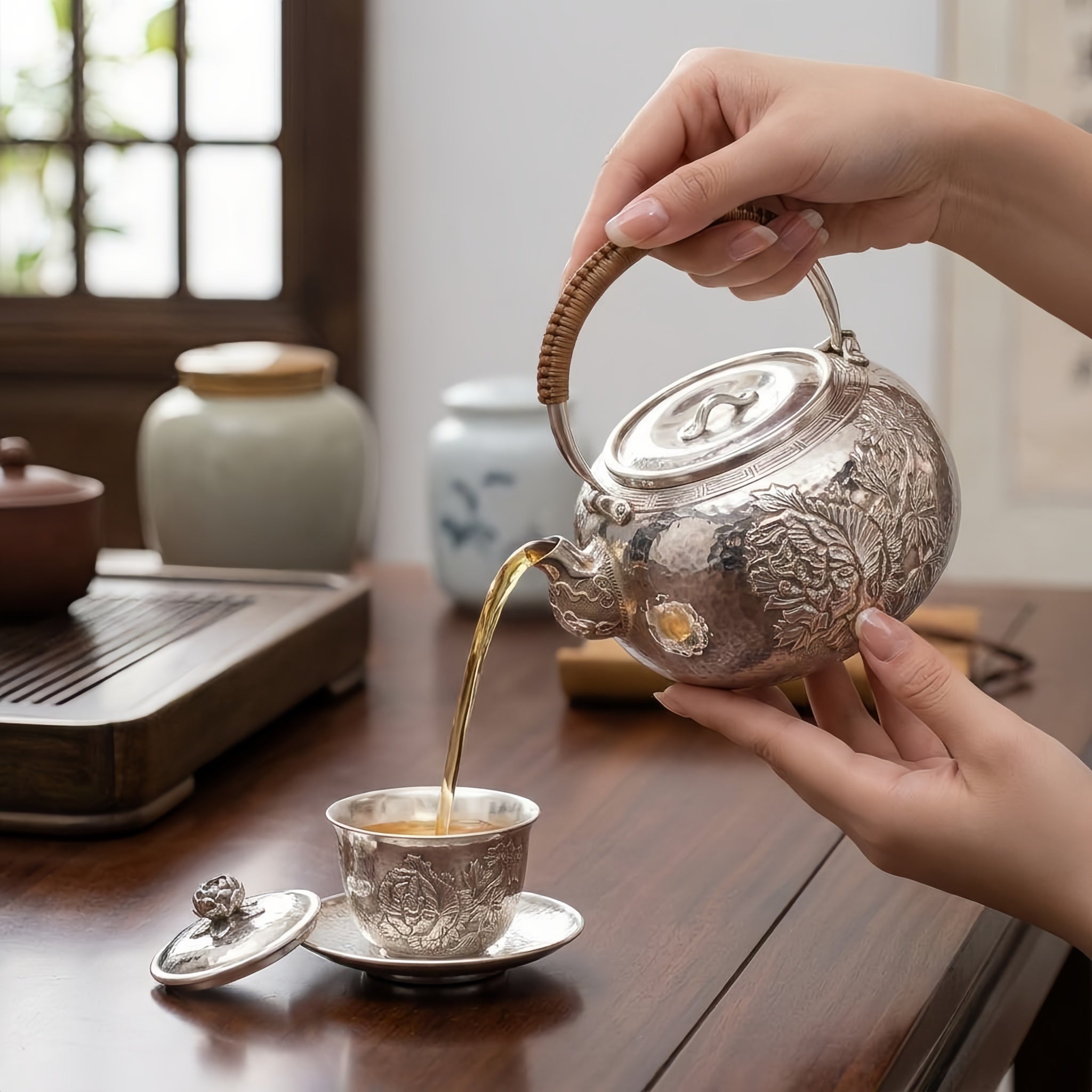 925 Sterling Silver Handcrafted Sterling Silver Floral Teapot with Woven Bamboo Handle and Hammered Texture - Handicraft Vera Lux