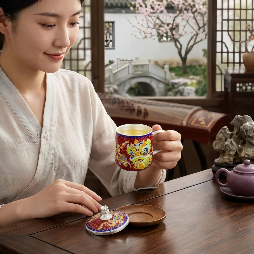 925 Sterling Silver Chinese Lion Dance Themed Ceramic Mug with  Accents-Premium Indigo Tea Mug - Handicraft Vera Lux