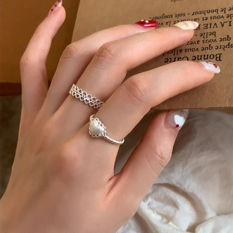 S925 Sterling Silver Brushed Love Heart Ring For Women, INS Korean Sweet Style, Versatile Niche Lace Edge Open Ring Vera Lux