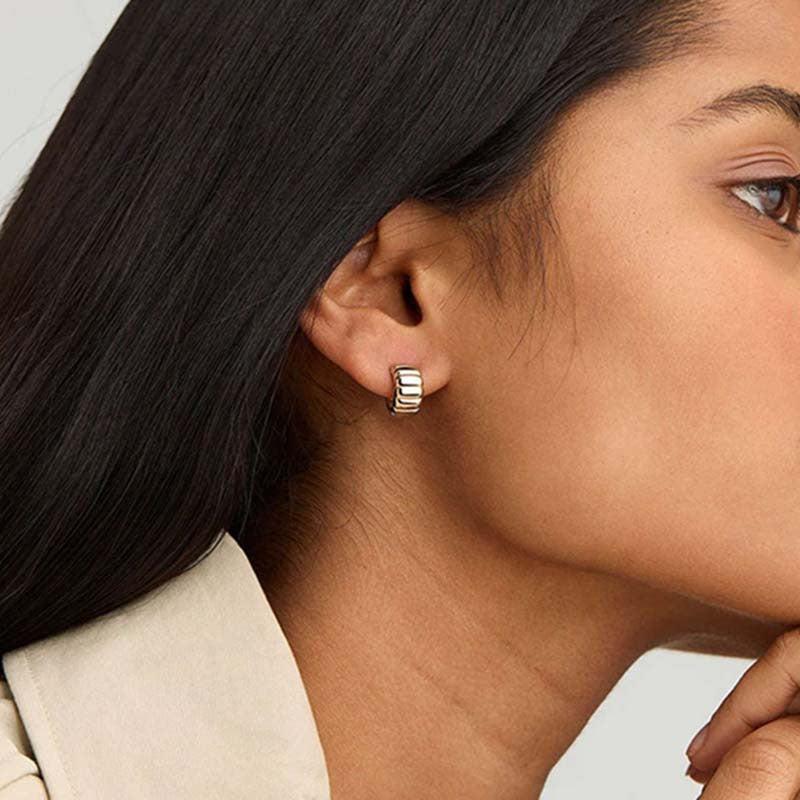 18K gold-plated, solid sterling silver C-shaped hoop earrings. Vera Lux