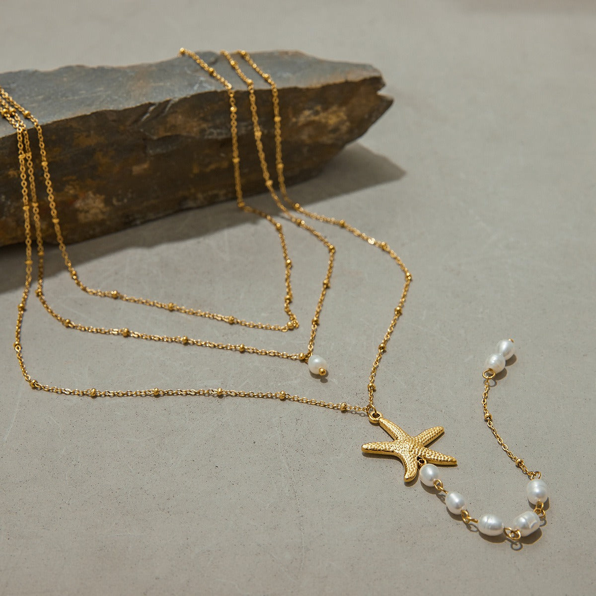 18K gold multi-layer chain with starfish and pearl tassel design exquisite and noble necklace Vera Lux