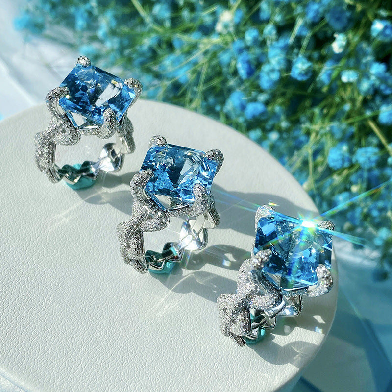 Square Cut Blue Gem Pave Ring, Sparkling Engagement Ring For Her Vera Lux