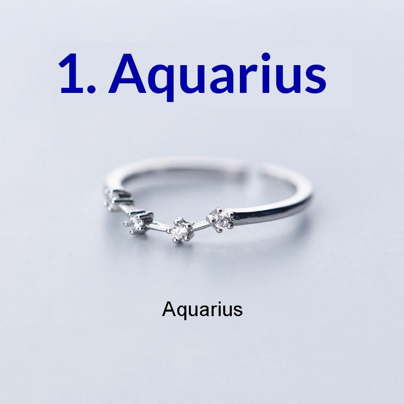 Zircon Silver-Plated Twelve Zodiac Signs Adjustable Open Ring Vera Lux