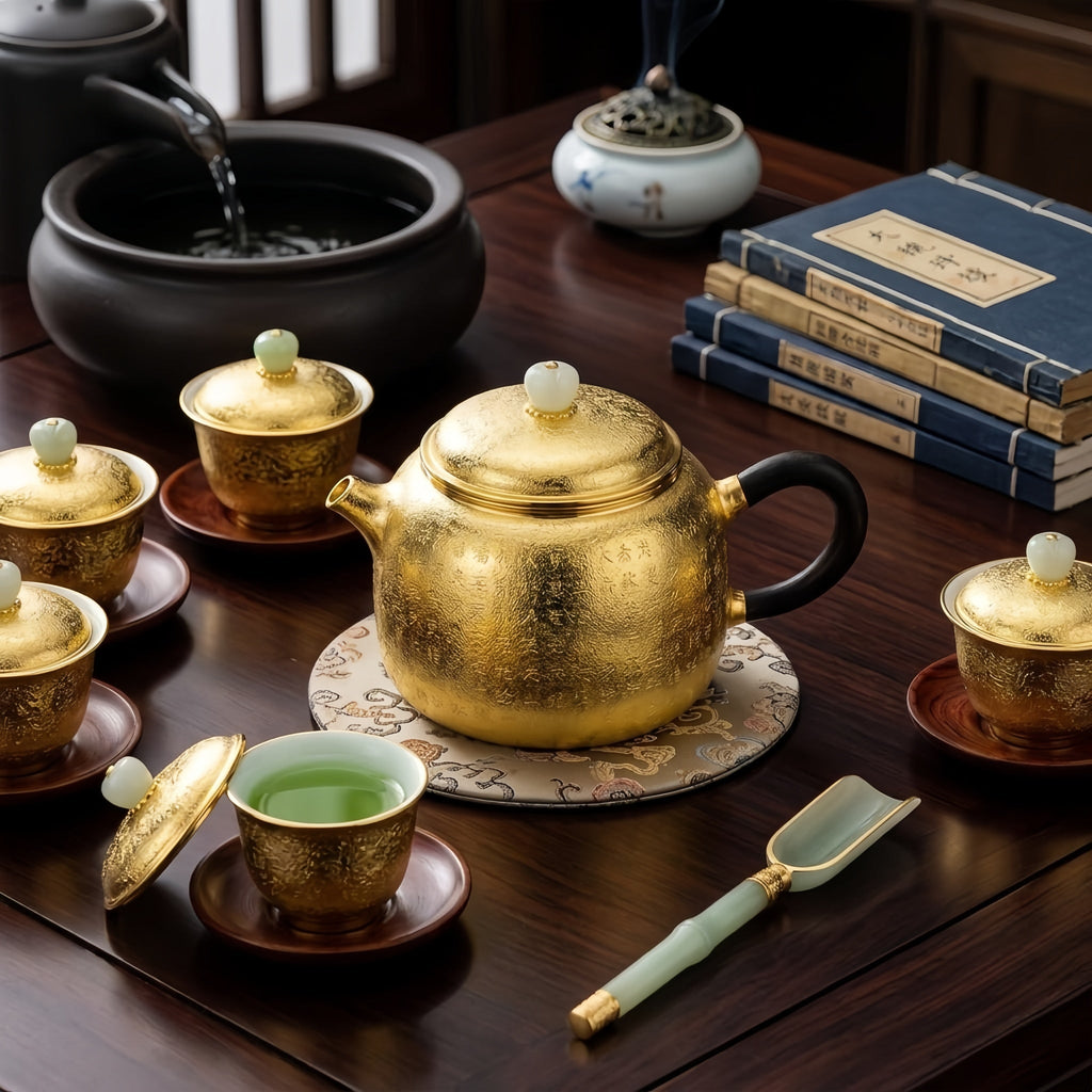 925 Sterling Silver Elegant Engraved Metallic Tea Kettle with Traditional Calligraphy and Smooth Jade Accents - Handicraft Vera Lux