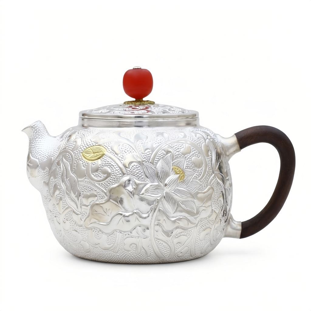 Pure 999 Fine Silver Handcrafted Silver Teapot Featuring Intricate Lotus Engravings and a Crimson Finial - Handicraft Vera Lux