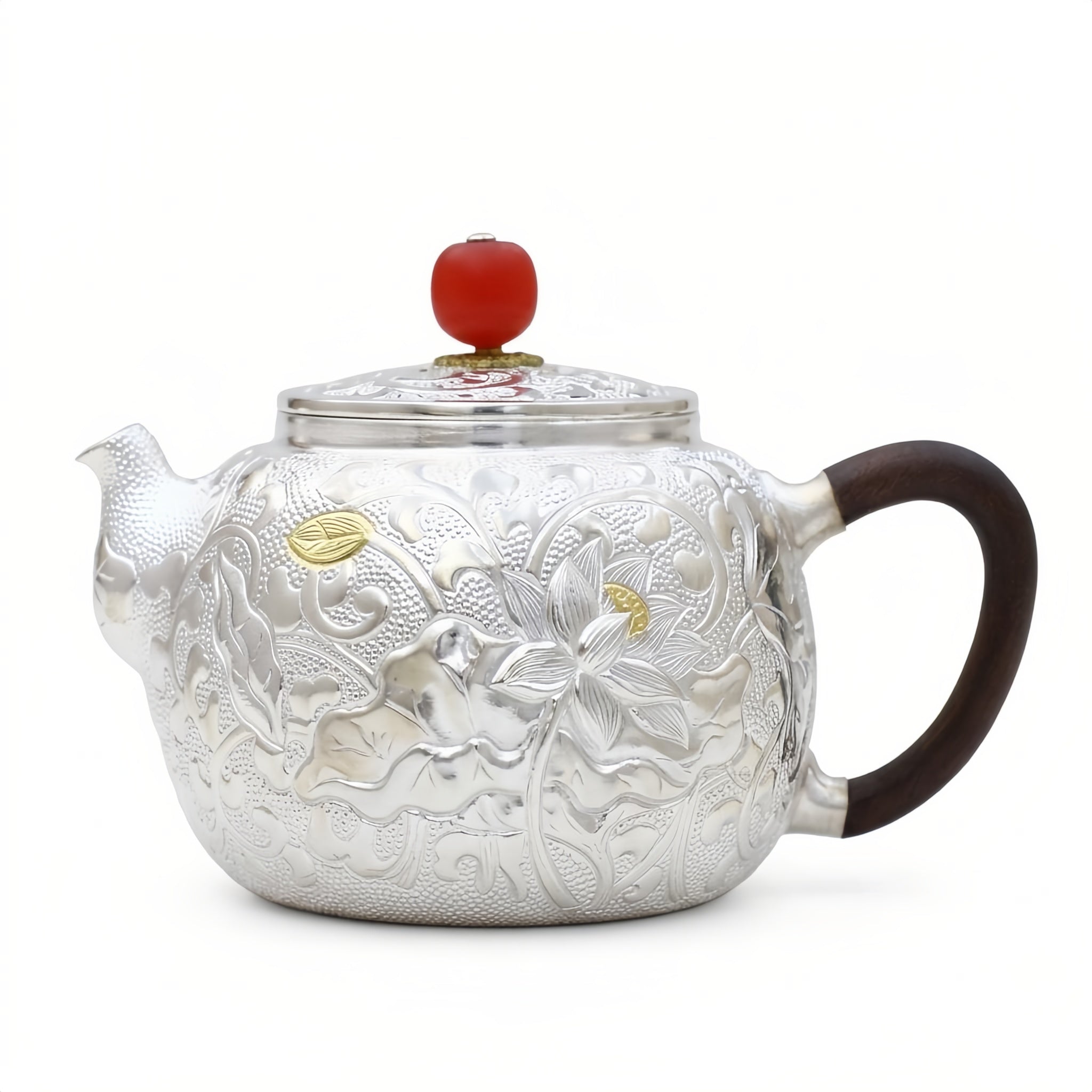 Pure 999 Fine Silver Handcrafted Silver Teapot Featuring Intricate Lotus Engravings and a Crimson Finial - Handicraft Vera Lux