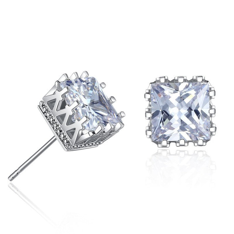Crown-shaped openwork square zircon stud earrings Vera Lux