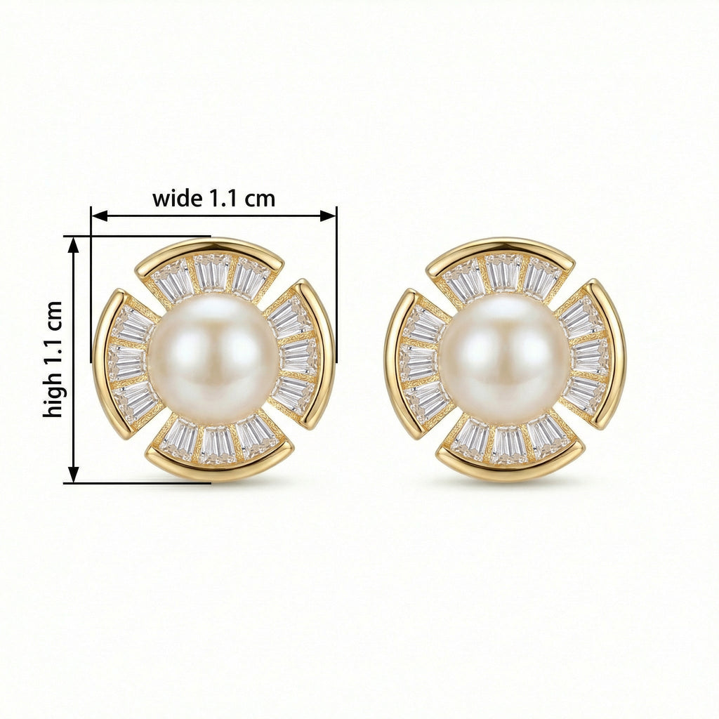 925 Sterling Silver Radiant Pearl and Baguette-Cut Fan-Shaped Stud Earrings Vera Lux