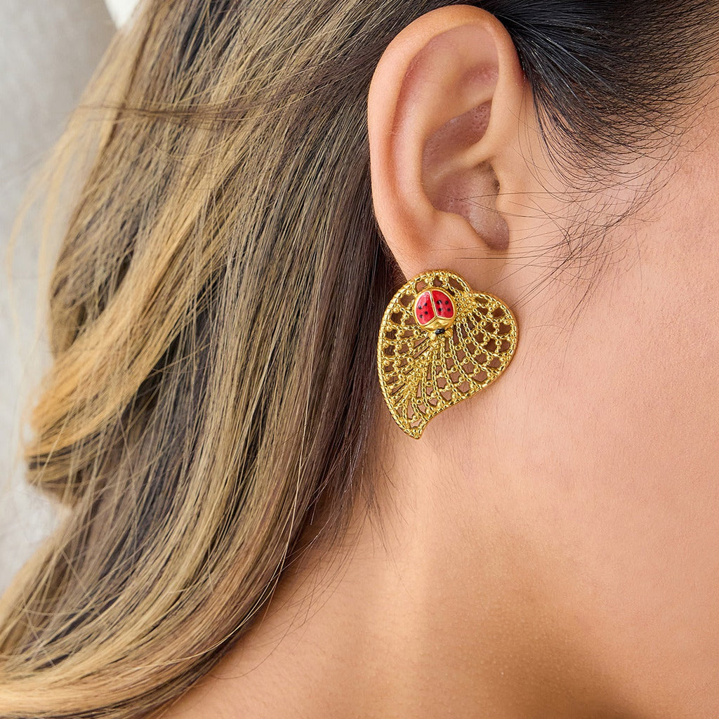 18K gold classic ladybug and leaf earrings Vera Lux
