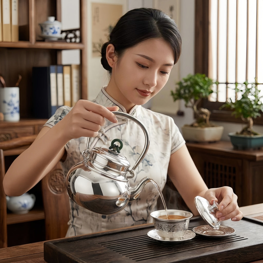 925 Sterling Silver Elegant Polished Silver Tea Kettle with Green Jade Knot Finial and Arch Handle - Handicraft Vera Lux