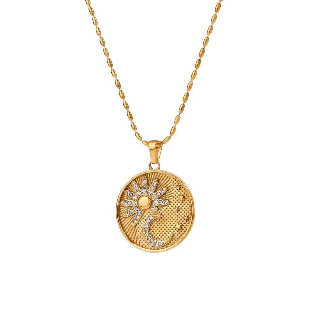 18K gold round necklace with sun and moon pattern and diamond design Vera Lux
