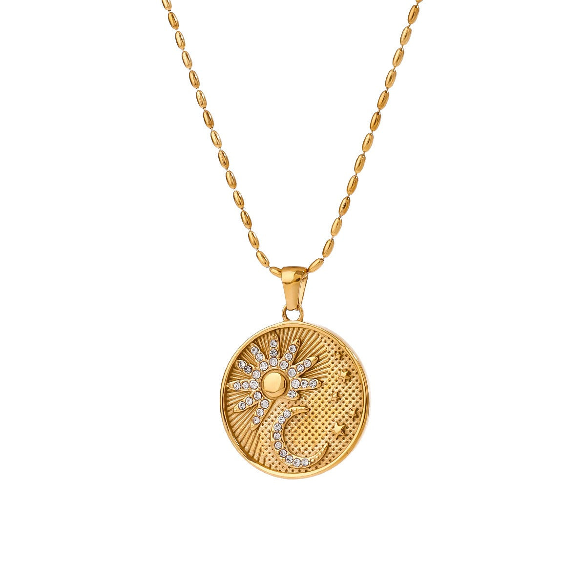 18K gold round necklace with sun and moon pattern and diamond design Vera Lux