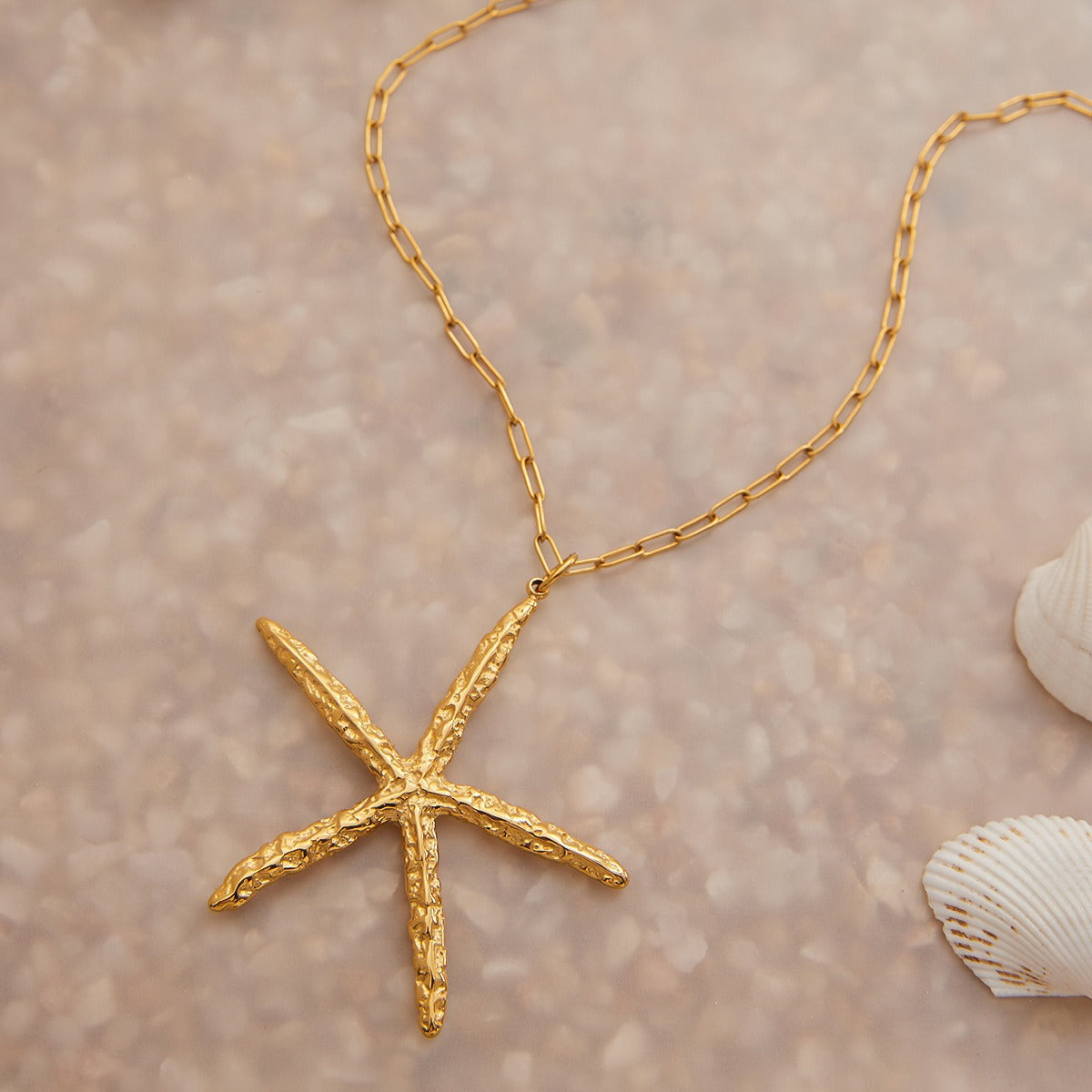 18K Gold Starfish Shape Textured Beach Style Necklace Vera Lux