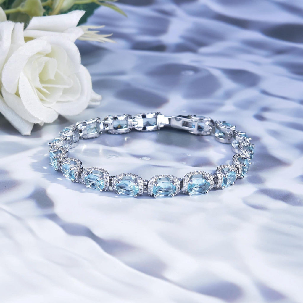 Oval Aquamarine Halo Tennis Bracelet, Luxury Blue Gem Bracelet For Women Vera Lux